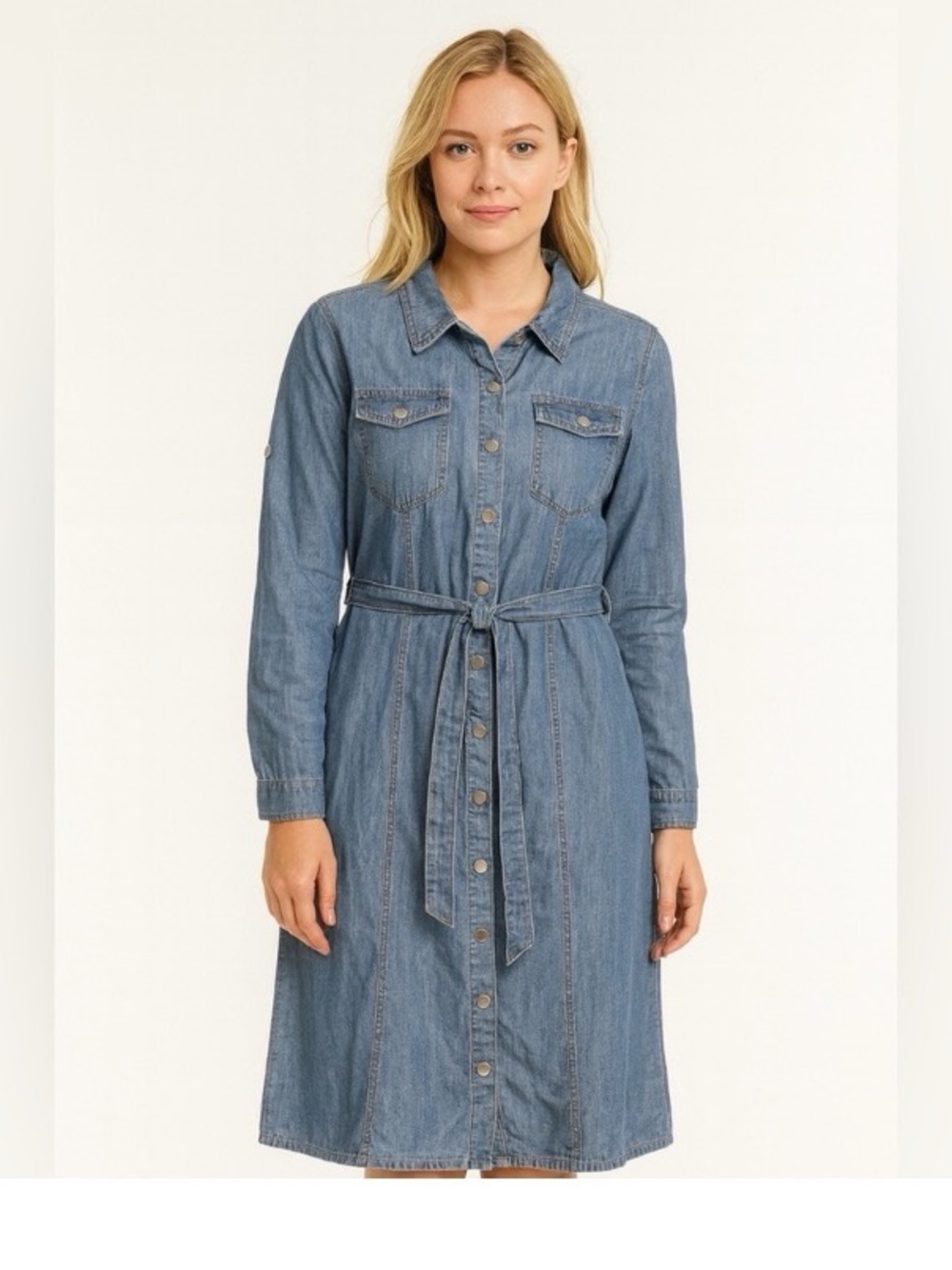 Allegra K Denim Button-Front Long Sleeve Shirt Dress in Blue BNWT